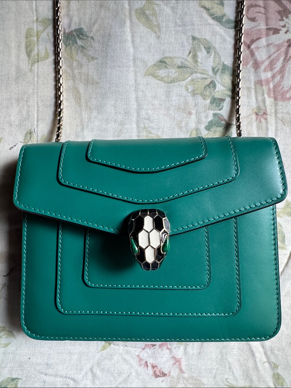 Timeless Bulgari Teal Green Serpenti Crossbody Bag with Gold Chain
